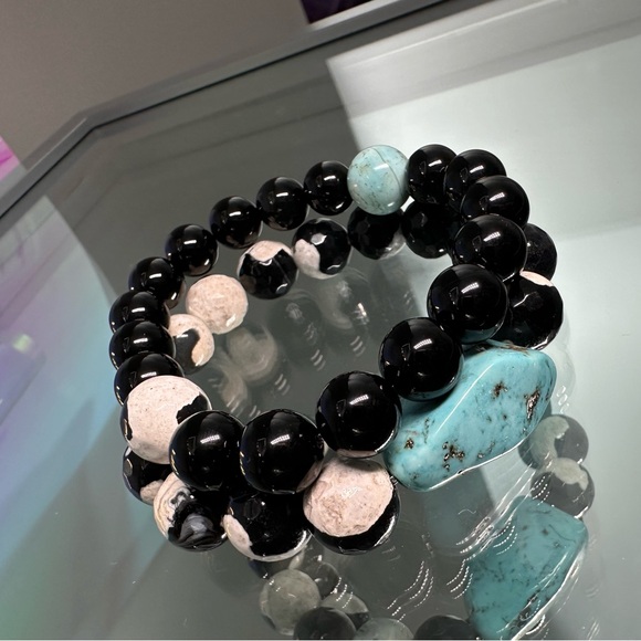 BLACK/WHITE AGATE + ONYX NATURAL BRACELET size 7”set of 2 - Picture 2 of 9